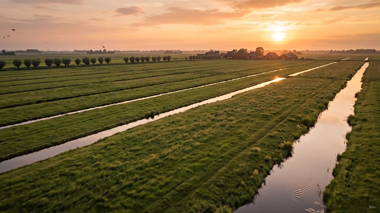 Gouden avondlicht over de sloten van de polder