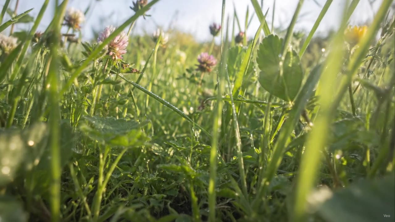 Kruidenrijk grasland in tegenlicht, gezien vanaf het maaiveld